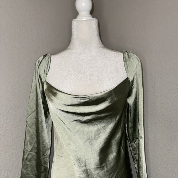 Princess Polly Maia Long Sleeve Mini Dress Women's 6 Sage Green Cowl Neck - Picture 4 of 9
